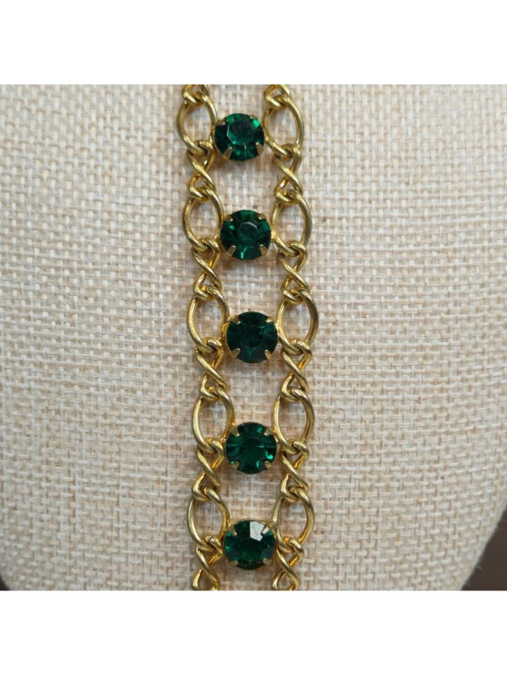 Vintage Art Deco Emerald Green Rhinestone Ladder Drop Pendant Necklace Gold Tone - Picture 6 of 16